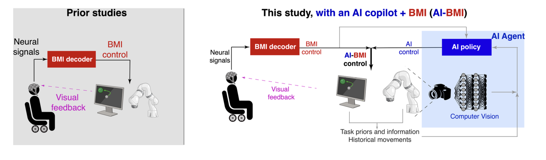 Diagram showing the major difference between traditional AI-BCI vs the team's AI co-pilot&amp;nbsp;BCI.