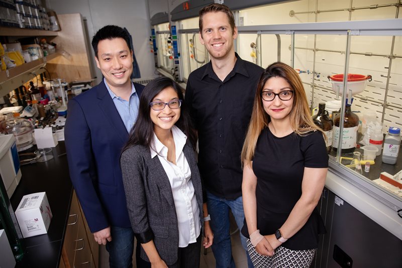 From left: Jeff Chan, professor of chemistry; 
Chelsea Anorma, graduate student; Thomas Bearrood, graduate student; and Jamila Hedhli, Beckman-Brown Postdoctoral Fellow