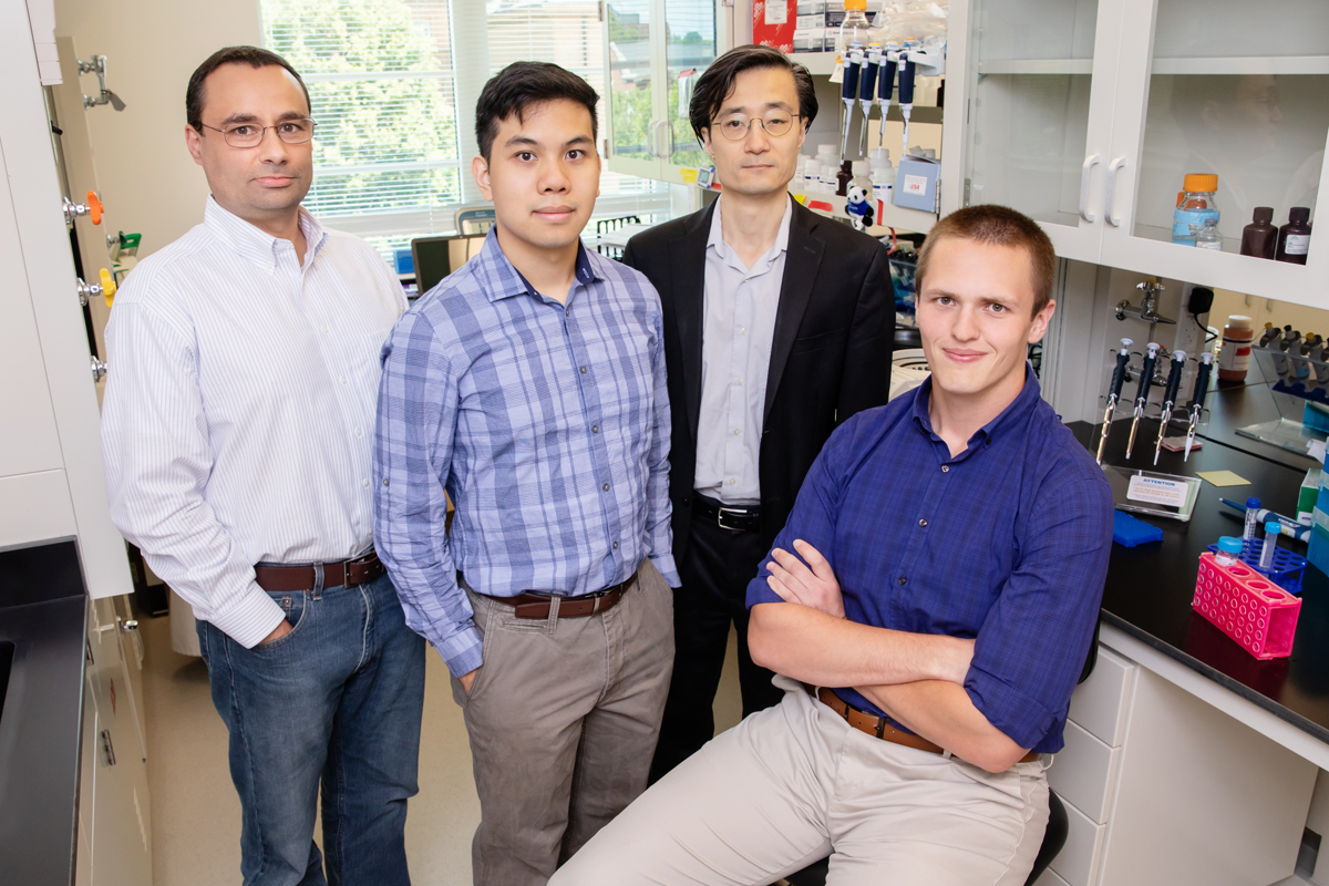 From left: Pablo Perez-Pinera, professor of bioengineering; Alan Luu, graduate student; Jun S. Song, professor of physics; and (seated) Mike Gapinske, graduate student, Photo by L. Brian Stauffer