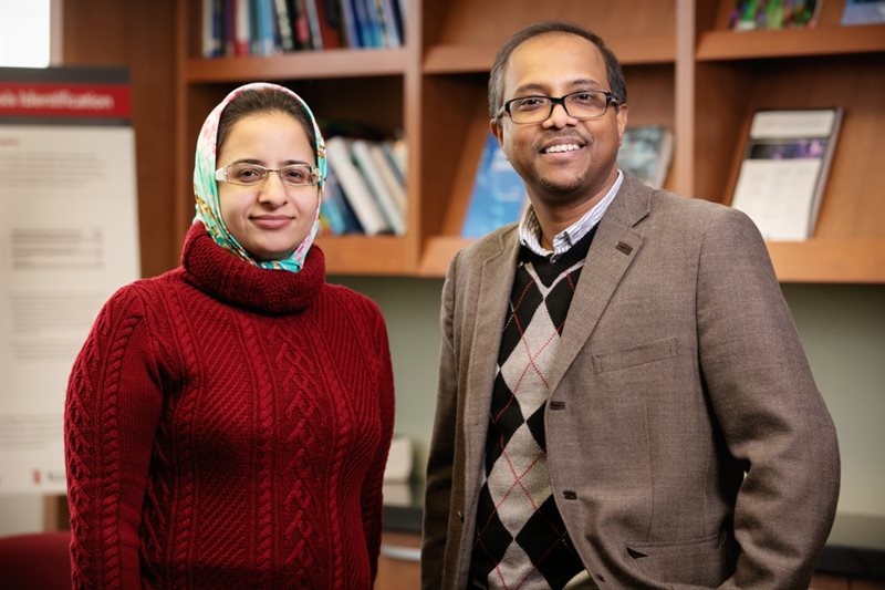 Illinois researchers developed a new drug candidate that targets a receptor inside sarcoma cancer cells. Pictured are graduate student Fatemeh Ostadhossein and Carle Illinois and bioengineering professor Dipanjan Pan. Photo by L. Brian Stauffer.