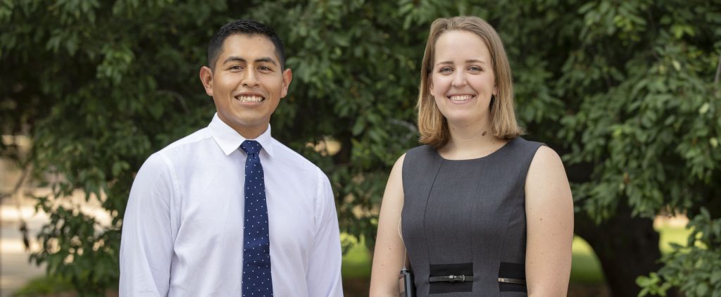 Two University of Illinois graduates, Elizabeth Woodburn and Alex Lucas, smile during the first week of class as Carle Illinois medical students.