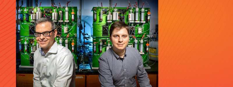 University of Illinois chemistry professor Martin D. Burke, left, and postdoctoral researcher Daniel J. Blair developed a new class of chemical building blocks and a next-generation molecule-making machine to assemble them into complex small molecules with 3D twists and turns.
Note: To maintain COVID-19 safety, subjects were photographed separately and then montaged in the final image. Photo by Fred Zwicky