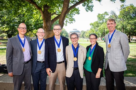 Some of the SHIELD team leaders, from left: Timothy Fan, William Sullivan, Martin D. Burke, Nigel Goldenfeld, Rebecca L. Smith and Paul Hergenrother. Photo by Fred Zwicky.
