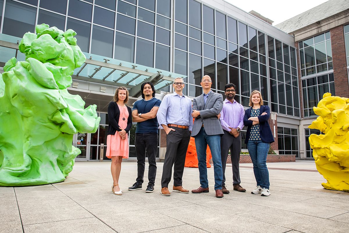 University of Illinois researchers synthesized a derivative of the antifungal drug Amphotericin B that is less toxic but maintains its fungicidal efficacy. Pictured, from left: Agnieszka Lewandowska, Jonnathan P. Marin-Toledo, Dr. Martin D. Burke, Dr. Timothy M. Fan, Arun Maji and Corinne Soutar.