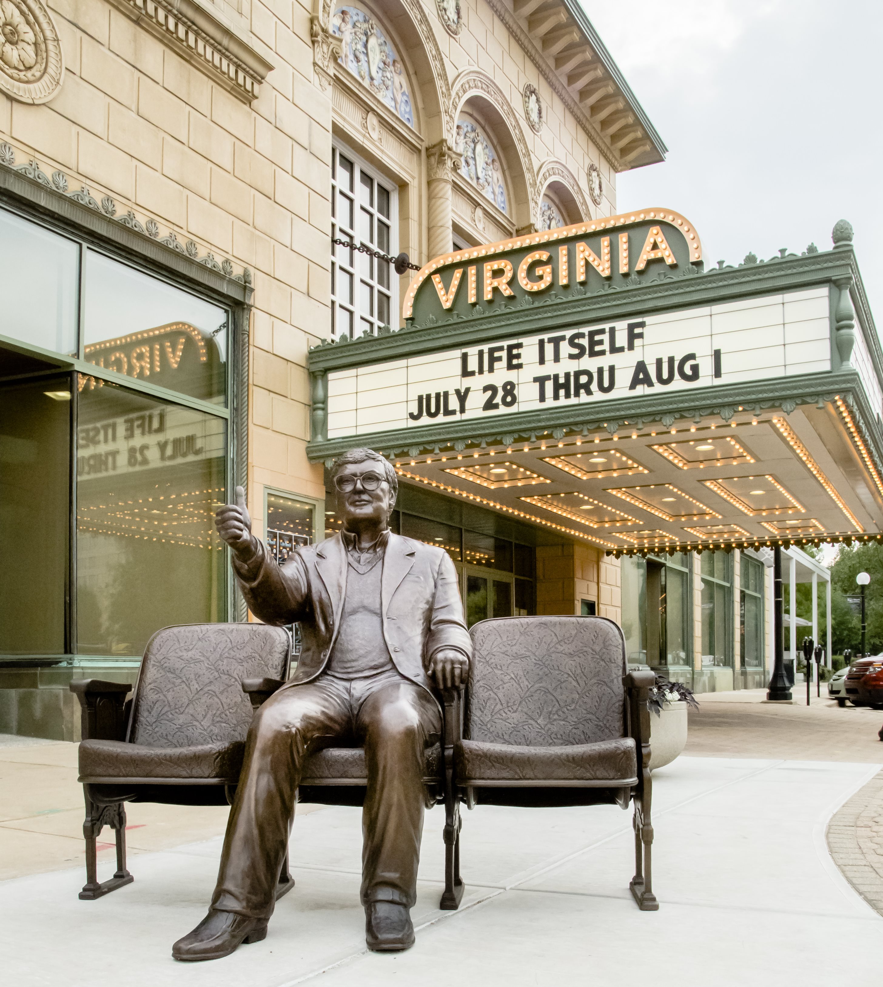 Roger Ebert statue outside of the Virginia Theater in downtown Champaign, Illinois.