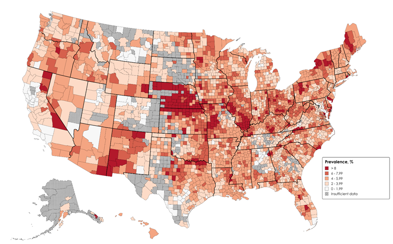 A CI MED research team found that the prevalence of atrial fibrillation (at 3.89% nationwide) exceeds prior estimates. This heat map displays in red the areas in theÂ U.S. where atrial fibrillation (AF or AFib) are most prevalent.Â Regions with the highest incidence of AFib were the Midwest, South, and Northeast regions. Rates were highest in the states of Nebraska (6.94%), Maine (5.5%), and Rhode Island (4.99%).